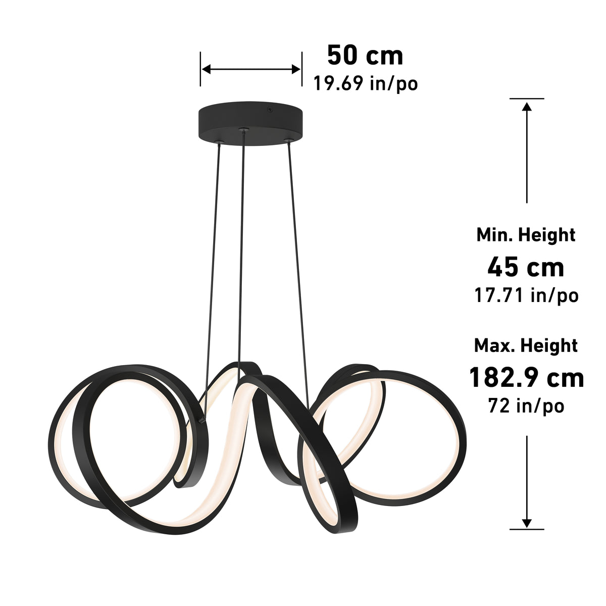 Modern black pendant light with three looped LED arms, suspended from the ceiling by three cables. Dimensions: 50 cm (19.69 in) wide, adjustable height from 45 cm (17.71 in) to 182.9 cm (72 in).