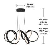 Modern black pendant light with three looped LED arms, suspended from the ceiling by three cables. Dimensions: 50 cm (19.69 in) wide, adjustable height from 45 cm (17.71 in) to 182.9 cm (72 in).