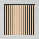 A square panel featuring vertical alternating light wood and black stripes, set against a light gray background. The design creates a modern, minimalist pattern.