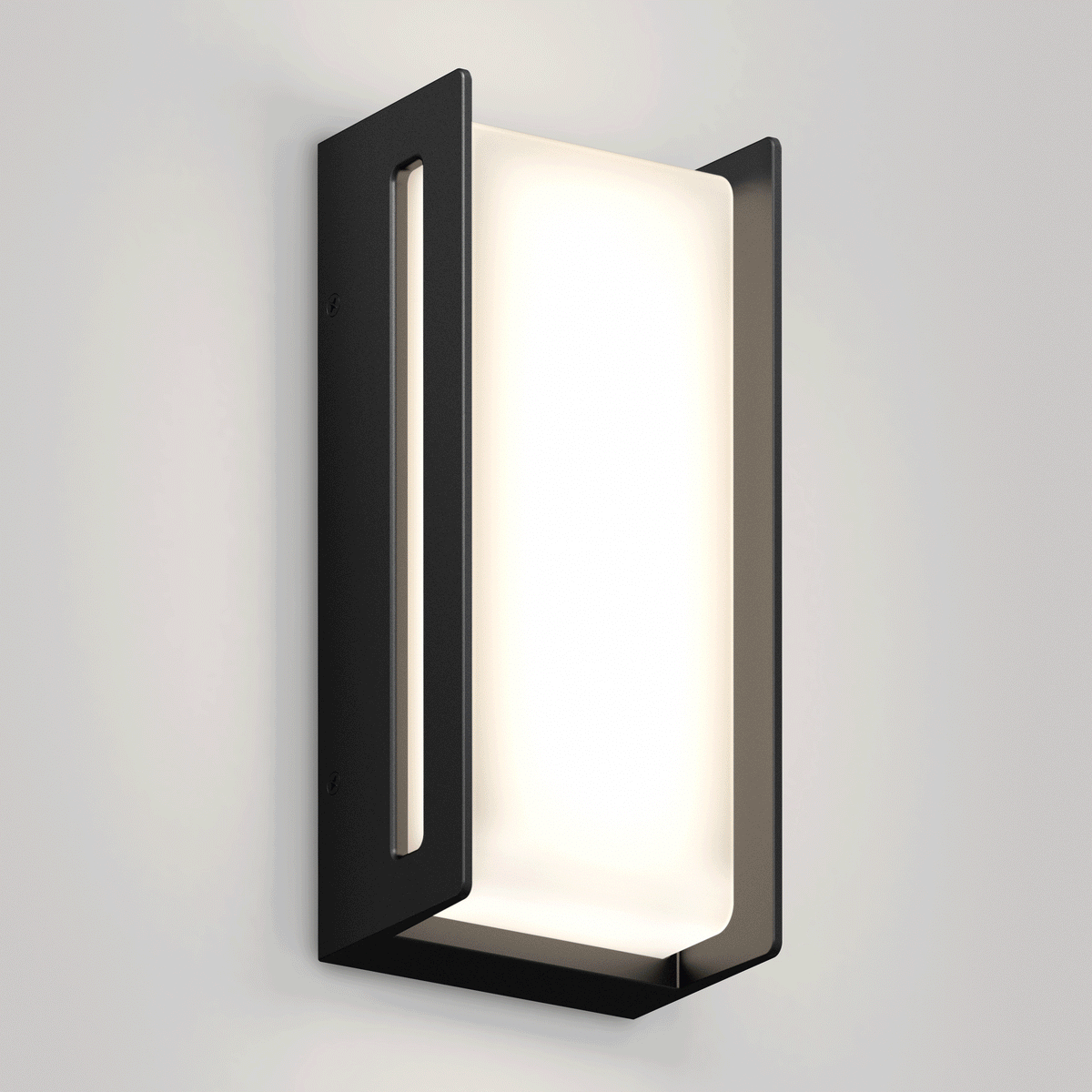 The Artika Ryker smart RGB indoor-outdoor wall light features a modern rectangular black metal frame and frosted white diffuser, offering minimalist style and versatile lighting for any space. Mounted here on a light gray wall.