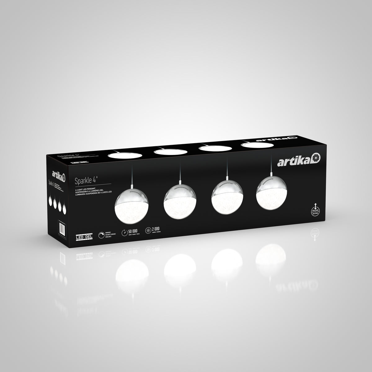 A rectangular black box displaying the Artika brand and an image of a four-light pendant fixture with spherical glass shades. The packaging highlights features like 50,000-hour lifespan and 1,800 lumens.