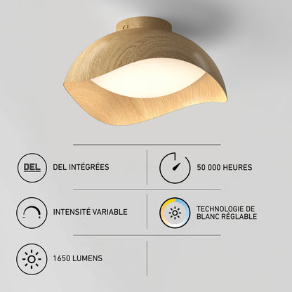 Adara 15 in. (38 cm) Modern LED Flush Mount Ceiling Light 5 CCT with a curved wood-look shade and icons for color, brightness, and lifespan.