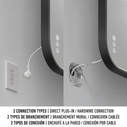 Split image shows two ways to connect the Artika Royce Dimmable LED Mirror: plug into a wall outlet or use exposed wires for hardwire installation. Text highlights its 3 CCT, built-in defogger, and both horizontal and vertical mount options.