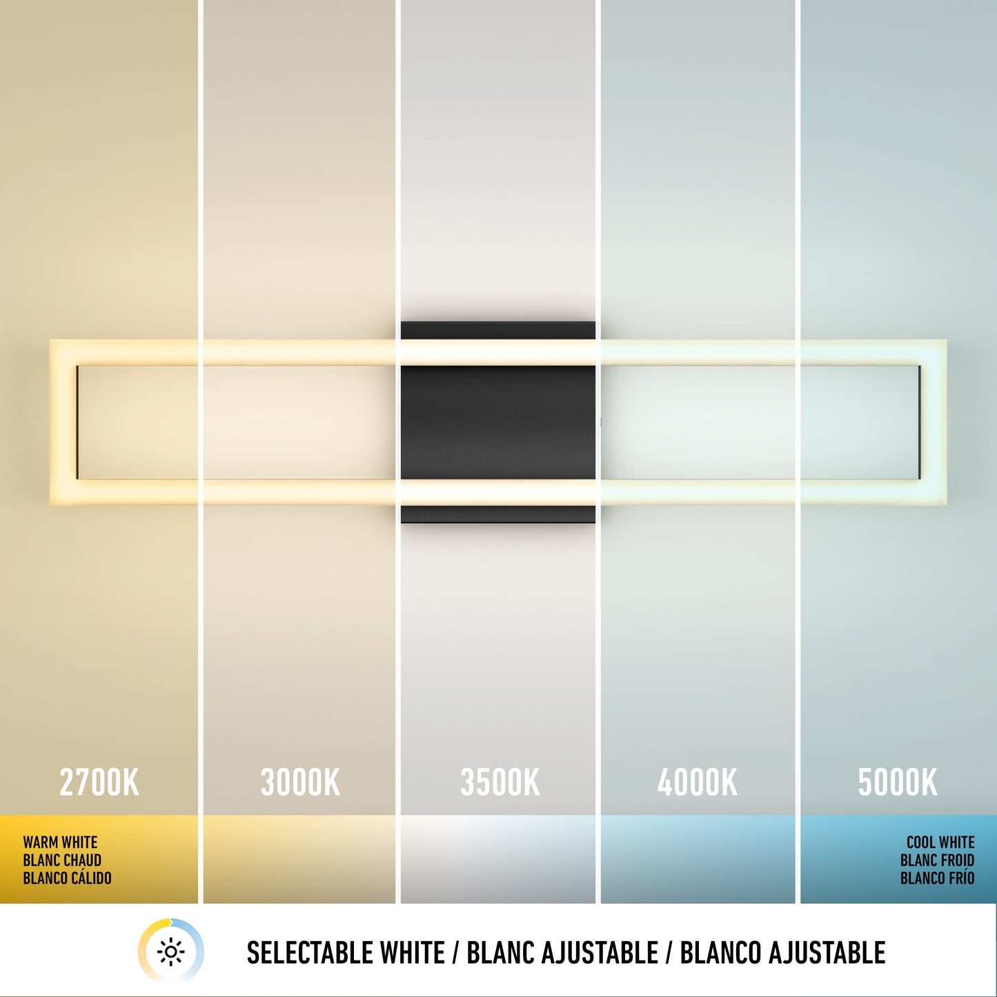 The Artika-CAN-dev Dover modern LED bathroom vanity light 5 CCT features five selectable white light settings from warm white (2700K) to cool white (5000K), with illustrated labels and color gradients showing each temperature.