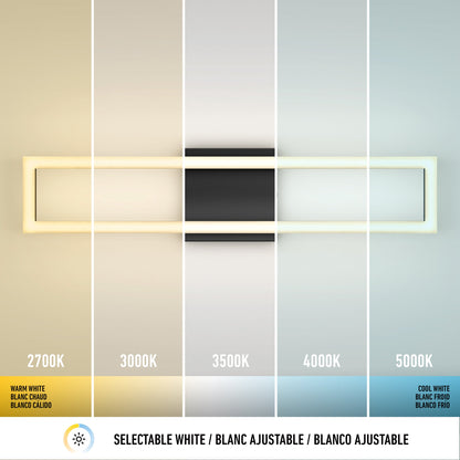 The Artika-CAN-dev Dover modern LED bathroom vanity light 5 CCT features five selectable white light settings from warm white (2700K) to cool white (5000K), with illustrated labels and color gradients showing each temperature.