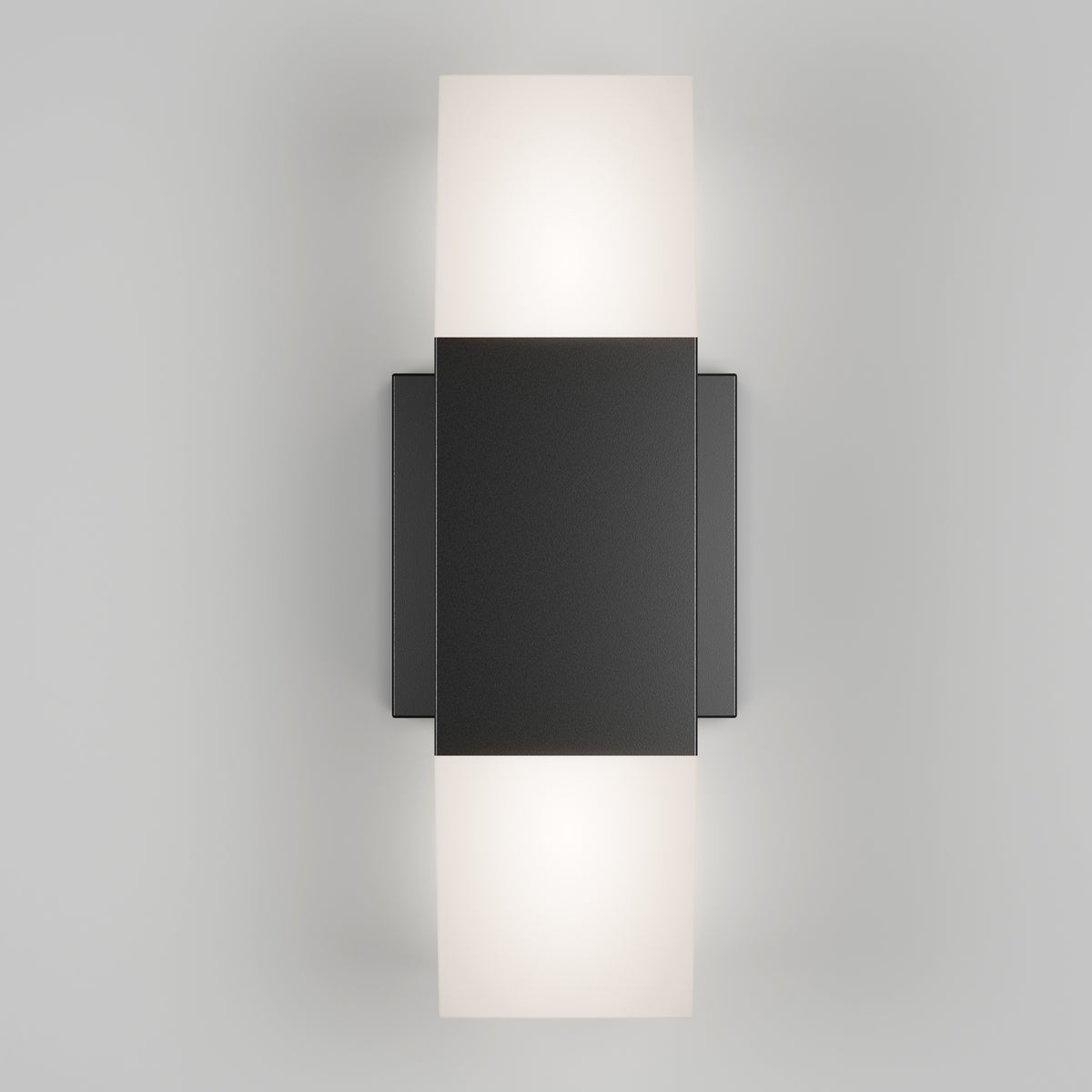 The Artika Lennox indoor-outdoor LED wall light 3 CCT features a sleek black rectangular design with soft white light glowing from the top and bottom edges, displayed against a light gray background.