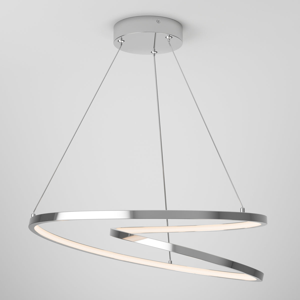 A modern, spiral-shaped LED pendant light hangs from the ceiling by three thin wires. The light features a sleek, metallic frame with a minimalist design.
