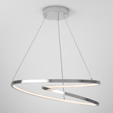 A modern, spiral-shaped LED pendant light hangs from the ceiling by three thin wires. The light features a sleek, metallic frame with a minimalist design.