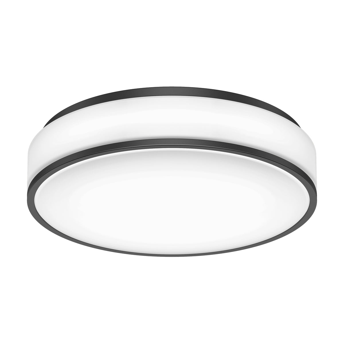 A modern circular ceiling light fixture with a white diffused center and black trim around the top and bottom edges, viewed from a slight angle below.