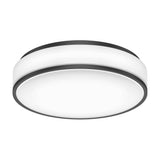 A modern circular ceiling light fixture with a white diffused center and black trim around the top and bottom edges, viewed from a slight angle below.
