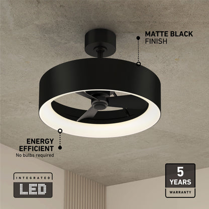 The Artika Aiden 24 in. LED modern ceiling fan features a matte black finish, 3 speeds, remote control, integrated energy-efficient LED (no bulbs needed), and a 5-year warranty—shown mounted on a beige ceiling.