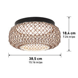 A round woven light fixture with a black base, measuring 18.4 cm (7.24 in) high and 38.5 cm (15.16 in) wide, shown with arrows indicating its dimensions.