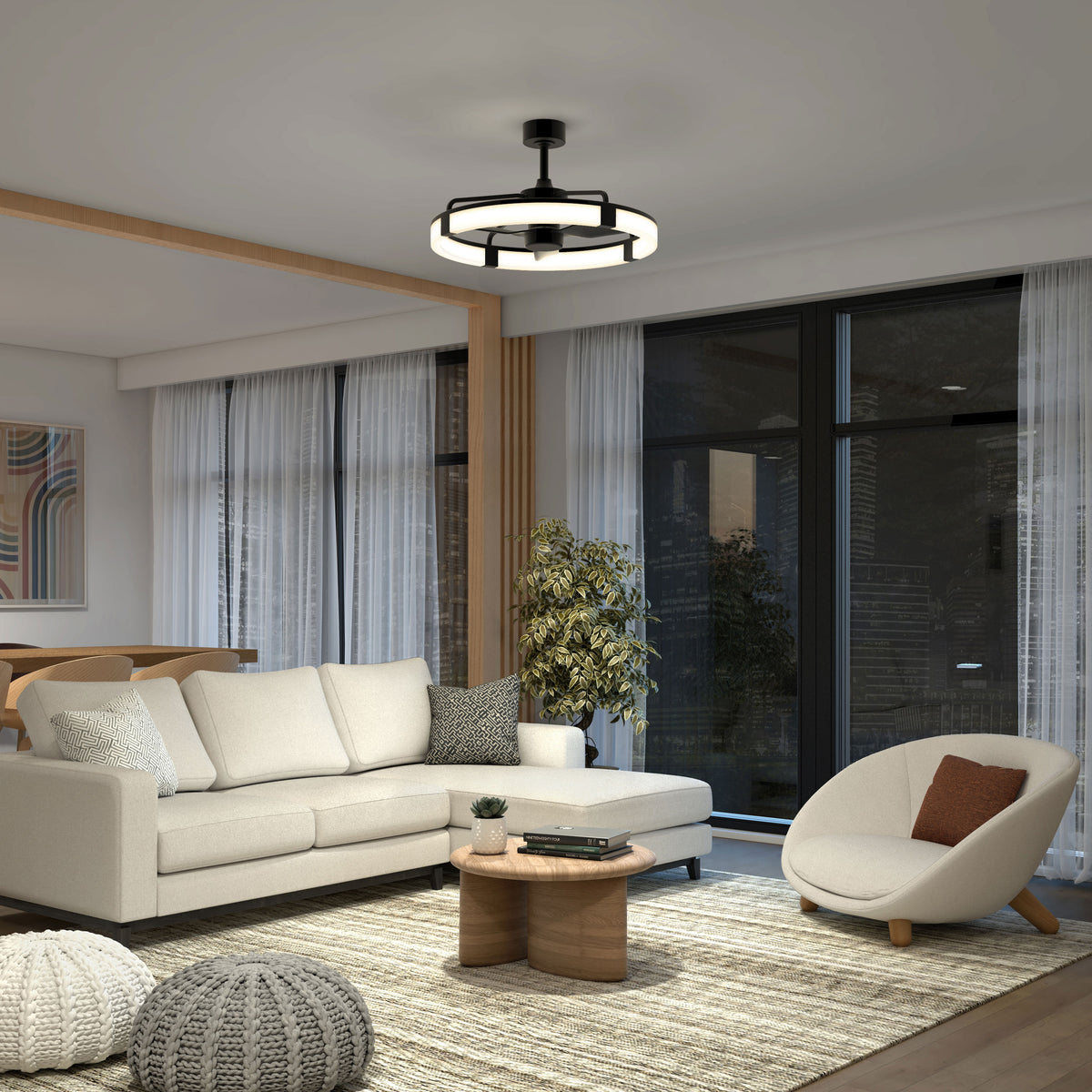 A modern living room with a beige sectional sofa, round armchair, wooden coffee tables, neutral rug, large windows with sheer curtains, a potted plant, and a geometric ceiling light.