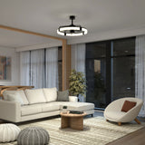 A modern living room with a beige sectional sofa, round armchair, wooden coffee tables, neutral rug, large windows with sheer curtains, a potted plant, and a geometric ceiling light.