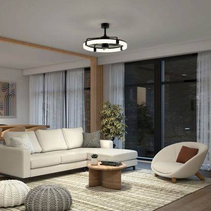 A modern living room with a beige sectional sofa, round armchair, wooden coffee tables, neutral rug, large windows with sheer curtains, a potted plant, and a geometric ceiling light.