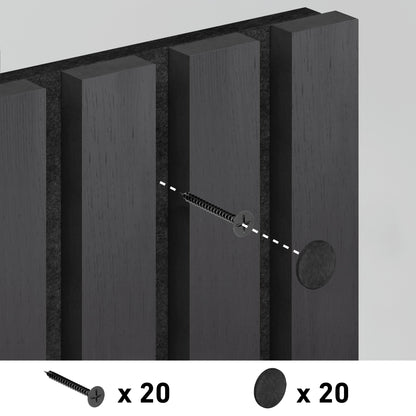 Illustration of a screw being driven into a Sonolok 15.5 ft sound-absorbing wall panel by Artika-CAN-dev, with a round cap to cover the screw; icons show 20 screws and 20 caps included in the kit.