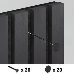 Illustration of a screw being driven into an Artika Sonolok 15.5 ft sound-absorbing wall panel, then capped. Below, icons show that 20 screws and 20 caps are needed for installation.