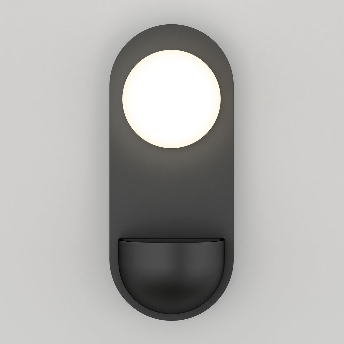The Artika Bloomfield LED modern mid-century wall sconce 5 CCT features a round white light atop a curved dark gray base, shown here against a plain light gray background.