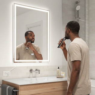 A man trims his beard using an electric trimmer while looking in the Artika Aurea anti fog LED wall mirror in the bathroom.