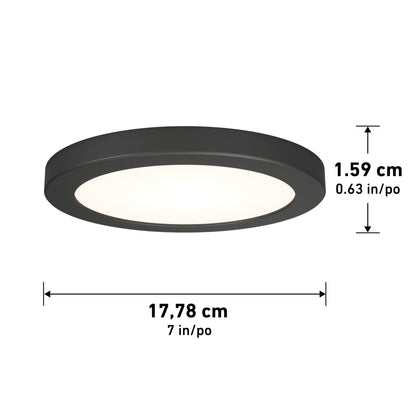 The Artika Europa Disk 7 in. LED modern flush-mount light features a round black design, measures 17.78 cm (7 in) in diameter and 1.59 cm (0.63 in) in height, and is shown with labeled dimensions.