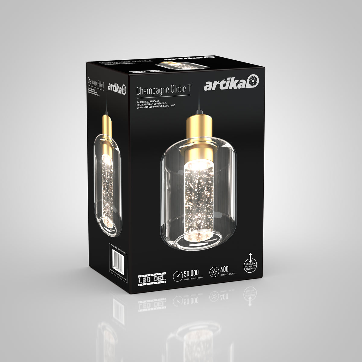 A black Artika box displays a Champagne Globe 1 LED pendant light with a gold finish and a clear glass shade, featuring sparkling bubble details inside. The packaging highlights its 50,000-hour lifespan and 400 lumens.