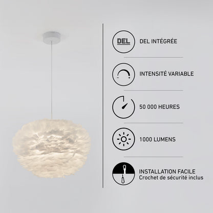 Plume LED pendant light with white feathers, integrated dimmable LED, 50,000 hours, 1000 lumens, and easy installation hook.