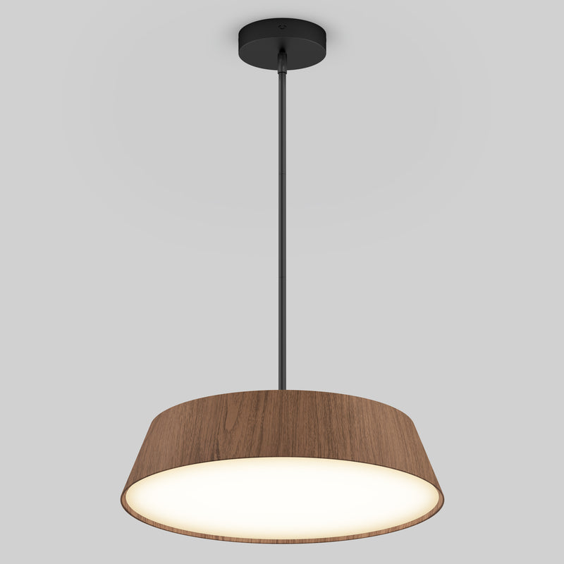 The Artika Dunham LED Pendant 5 CCT features a round wood-finish shade and black rod, suspended from the ceiling and casting a warm glow against a light gray background.
