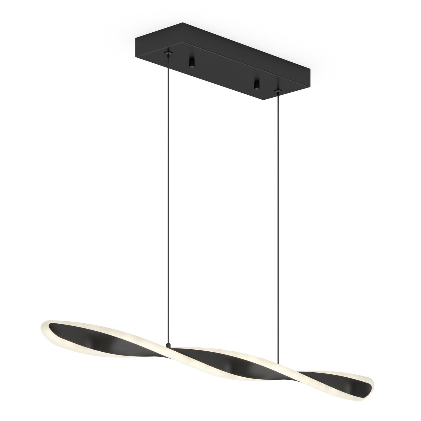 The Artika Finley Linear LED pendant light features a black rectangular ceiling mount and two cables suspending a twisted, wave-shaped LED in a black and white finish with 3 CCT options.