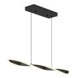 A modern pendant light with a rectangular black ceiling mount and two thin wires supporting a twisted, wave-shaped LED light fixture with a sleek black and white design.
