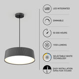 A modern black pendant light hangs from the ceiling. Text beside it highlights features: LED integrated, dimmable, 50,000 hours lifespan, 1550 lumens, selectable white technology, and easy installation with safety hook.