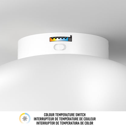 Adara 15 in. (38 cm) Modern LED Flush Mount Ceiling Light 5 CCT, a round white light with a color temperature switch and label showing five settings.