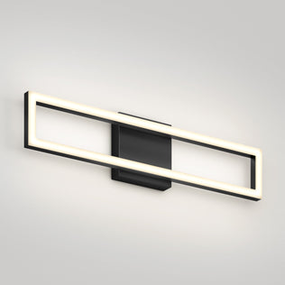 The Artika Dover 27-in Integrated LED 5-CCT Vanity Light Bar features a sleek rectangular black base and an open horizontal LED frame, adding a modern touch to your bathroom while providing a soft glow against white walls.