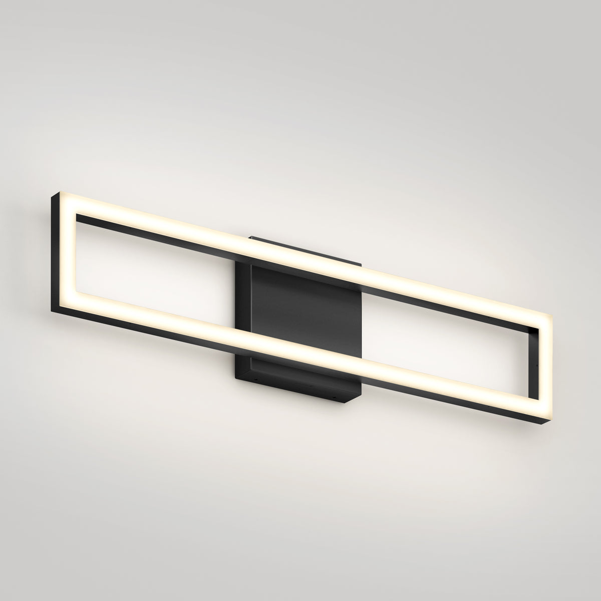 A modern wall-mounted light fixture with a rectangular, open-frame design and integrated LED lighting, featuring a black base and a glowing rectangular outline emitting soft white light.