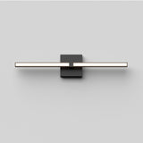 A modern, minimalist wall-mounted light fixture with a horizontal rectangular light bar attached to a square black base, mounted on a plain white wall.
