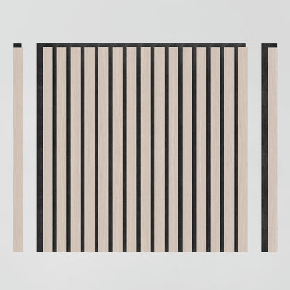 The Artika Sonolok 15.5 ft sound-absorbing wall panel kit (4-pack) features a square panel with alternating vertical black and light wood slats, plus a matching slat on each side, set against a plain light background.