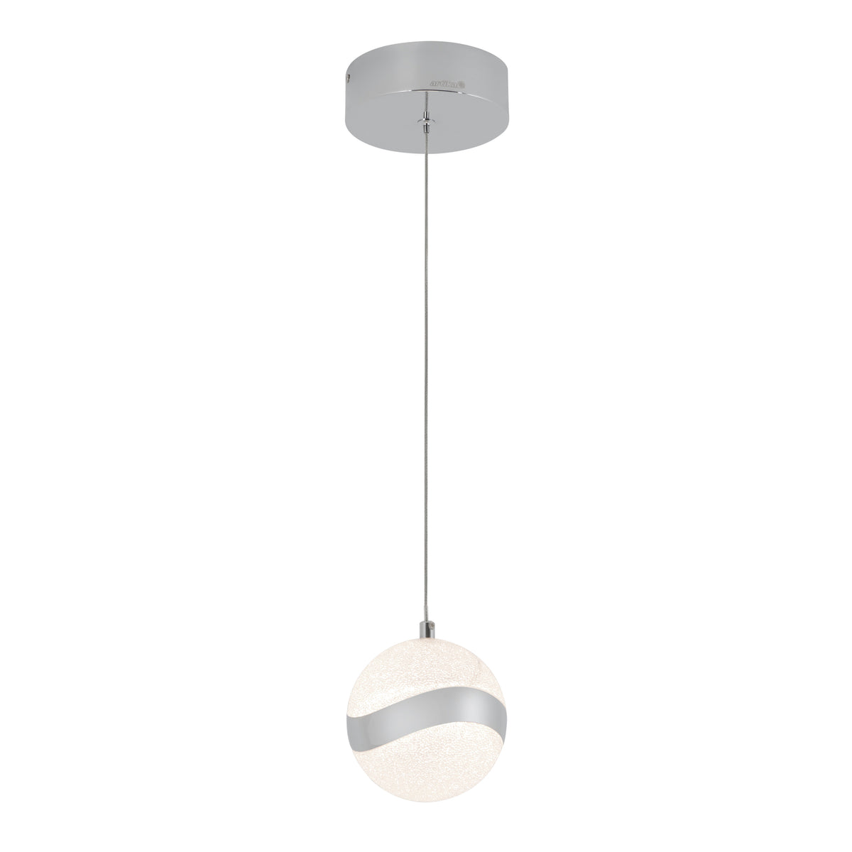 A modern pendant light with a round frosted glass shade, featuring a silver metallic wave design across the middle, hanging from a thin cord attached to a circular silver ceiling mount.