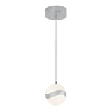 A modern pendant light with a round frosted glass shade, featuring a silver metallic wave design across the middle, hanging from a thin cord attached to a circular silver ceiling mount.