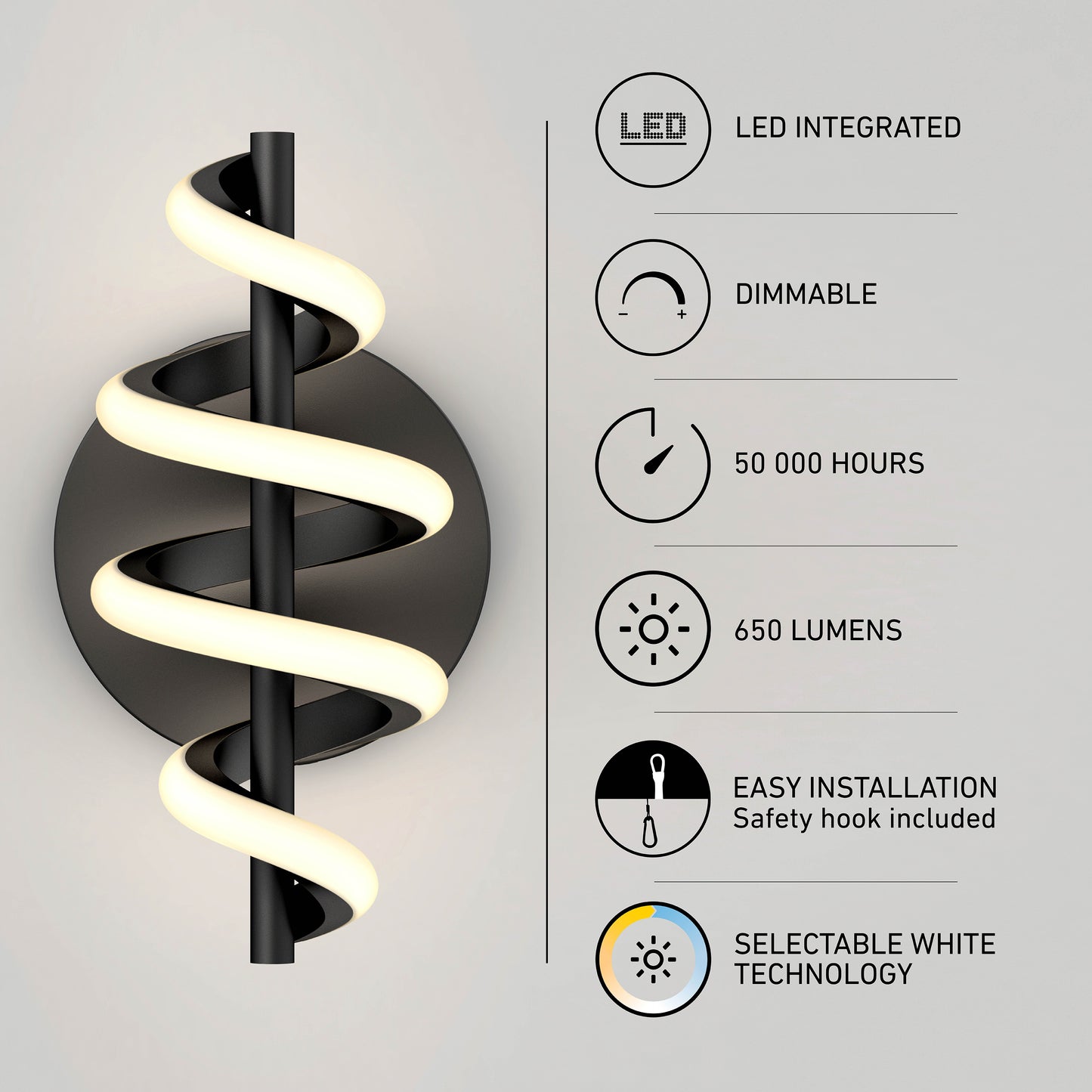 The Chorus LED Wall Light by Artika features a modern spiral LED design, is dimmable, delivers 650 lumens, lasts 50,000 hours, offers selectable white technology, integrated LEDs, and easy installation.