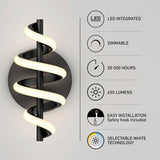 A modern spiral wall light with LED integrated, dimmable feature, 50,000-hour lifespan, 650 lumens, easy installation, and selectable white technology, shown with icons and a glowing curved design.