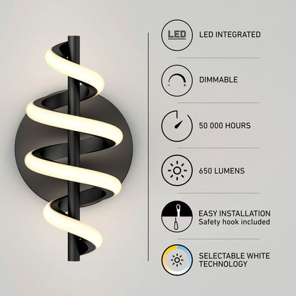 The Chorus LED Wall Light by Artika features a modern spiral LED design, is dimmable, delivers 650 lumens, lasts 50,000 hours, offers selectable white technology, integrated LEDs, and easy installation.