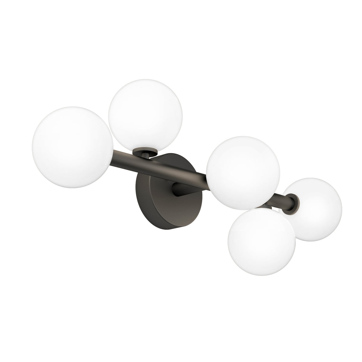 The Artika Bloom 27-in (69 cm) 3-Light Modern LED Vanity Light features a dark circular base and two angled rods with three white frosted glass globes—ideal for contemporary bathroom lighting.