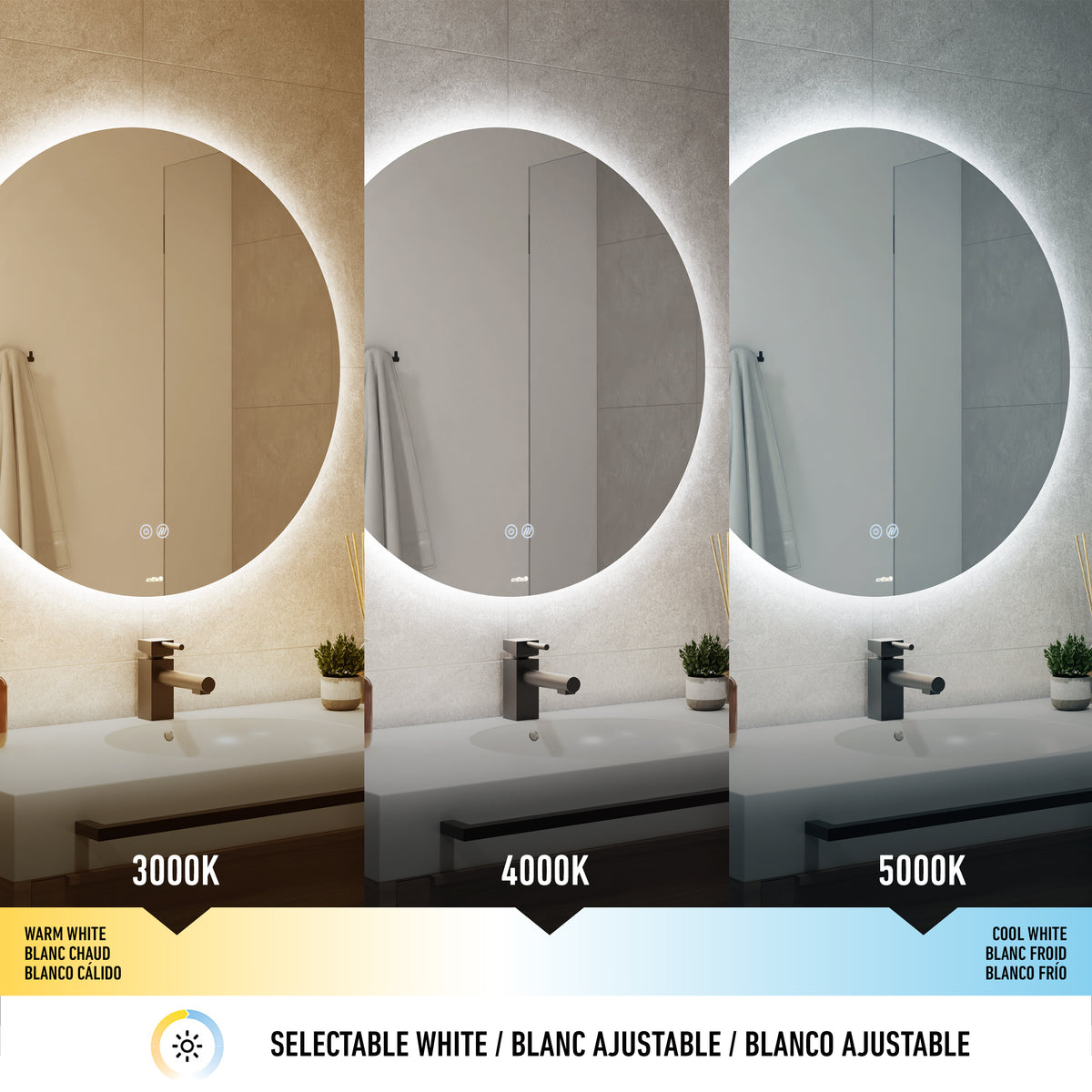 A bathroom mirror displays three lighting modes: warm white (3000K), neutral white (4000K), and cool white (5000K), showing different color tones on the wall and sink. Selectable white temperature is highlighted below.