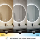 A bathroom mirror displays three lighting modes: warm white (3000K), neutral white (4000K), and cool white (5000K), showing different color tones on the wall and sink. Selectable white temperature is highlighted below.