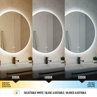 The Artika Raya 24 in. LED mirror with defogger features three CCT lighting modes: warm white (3000K) on the left, neutral white (4000K) at center, and cool white (5000K) on the right, displayed above a sink and faucet.