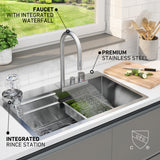 Modern kitchen sink with a tall faucet featuring an integrated waterfall, an integrated rinse station on the left, and a cutting board with chopped vegetables on the counter; made of premium stainless steel.