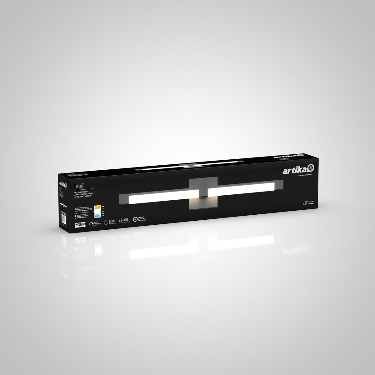 A rectangular black box displays the Artika Tivoli modern LED bathroom vanity light 5 CCT, showing the product image, brand name, and adjustable lighting specs on the front. The background is light gray with a subtle gradient.