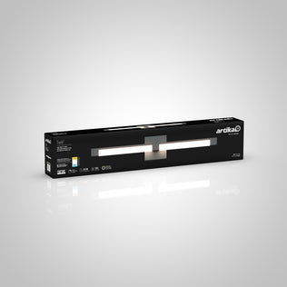 A rectangular black box displays the Artika Tivoli modern LED bathroom vanity light 5 CCT, showing the product image, brand name, and adjustable lighting specs on the front. The background is light gray with a subtle gradient.