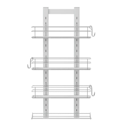 The Artika Camden Shower Caddy is a silver wall-mounted organizer with four shelves, three side hooks, and adjustable mounting slots to customize shelf positions—perfect for organizing your shower essentials.