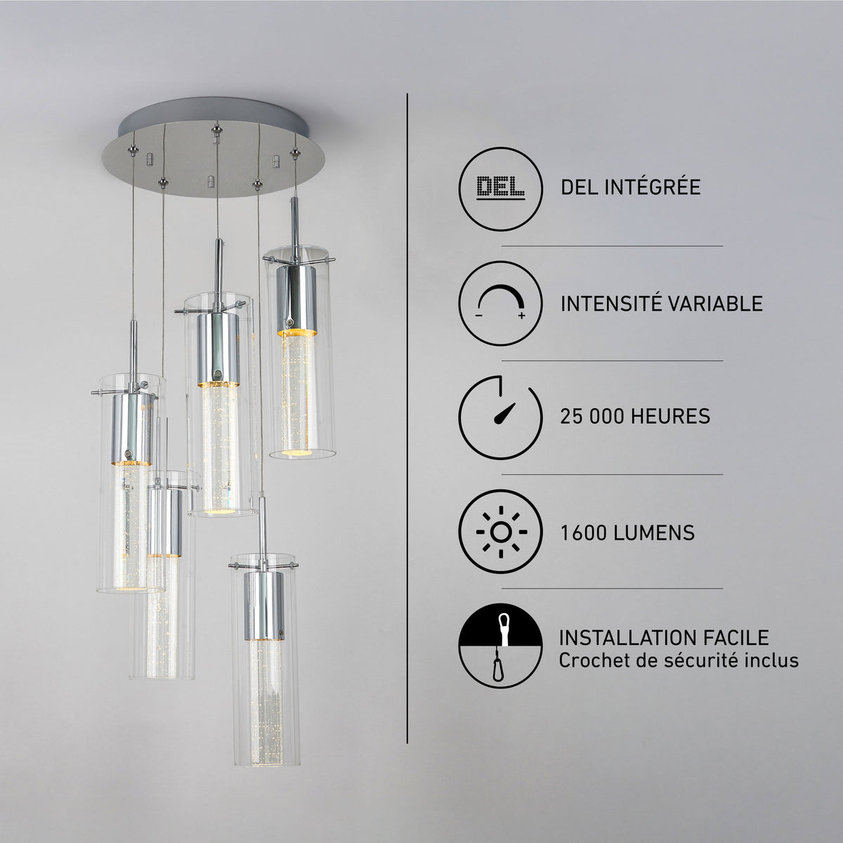 Artika Essence 5-light LED pendant: 1600 lumens, dimmable modern lighting with integrated LEDs—sleek style for any space.