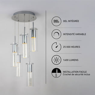 Artika Essence 5-light LED pendant: 1600 lumens, dimmable modern lighting with integrated LEDs—sleek style for any space.